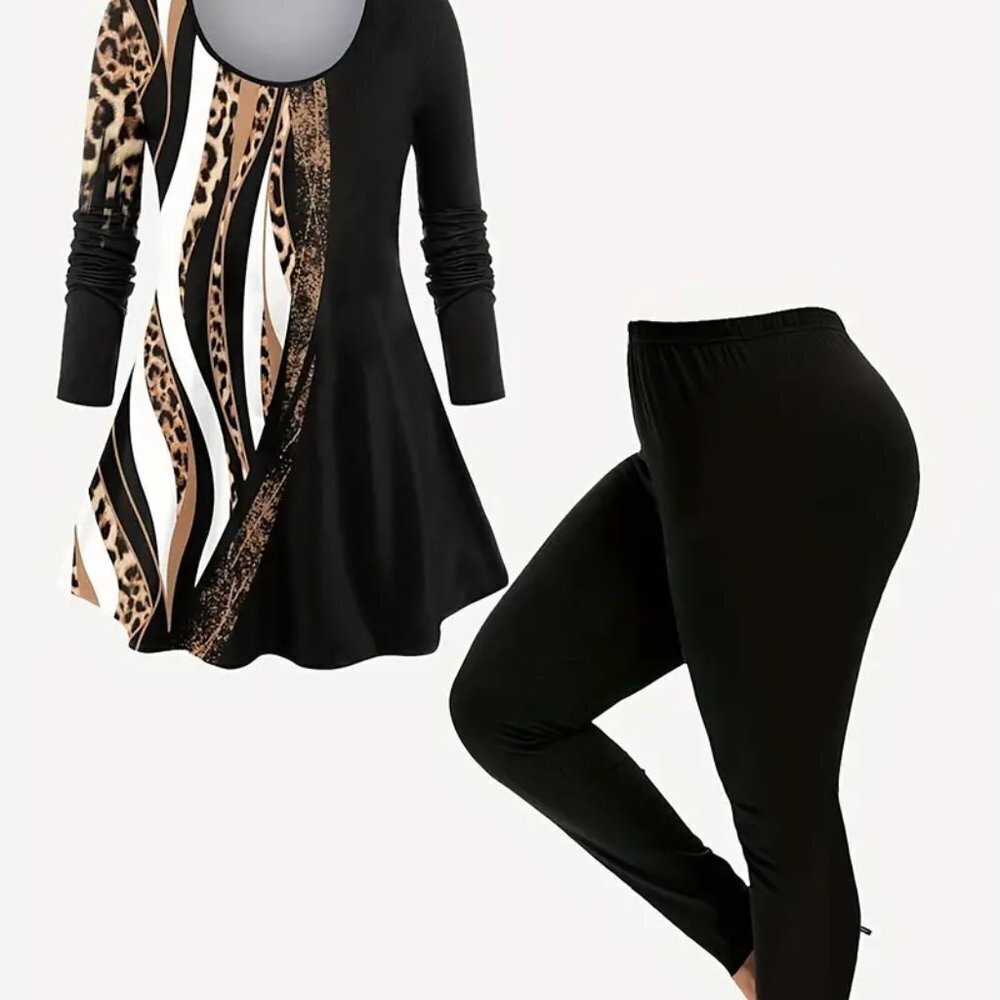 3X 4X 5X Plus Size High Waisted Tummy Control Legging & Peplum leopard top BLACK